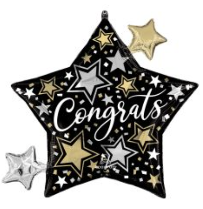 29-inch star-shaped balloon with ‘Congrats’ text, decorated with gold and silver stars on a black background